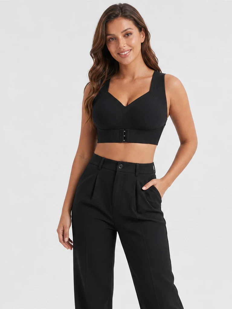 Close fit check on an adult woman wearing the Mossway bra