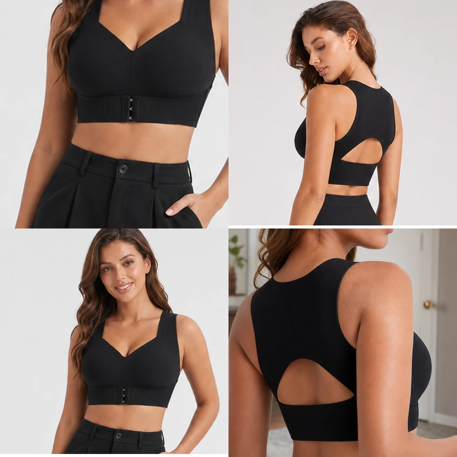 Four feature close-ups of the Mossway wireless bra